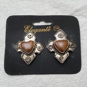 ÈLEGANTE' Vintage Clip Earrings**Large Silver Tone Triangles w/Brown Hearts